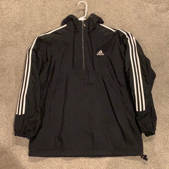 Vintage Adidas Black White Windbreaker Pullover Jacket w/ Hood Soccer Size Large - Picture 1 of 5